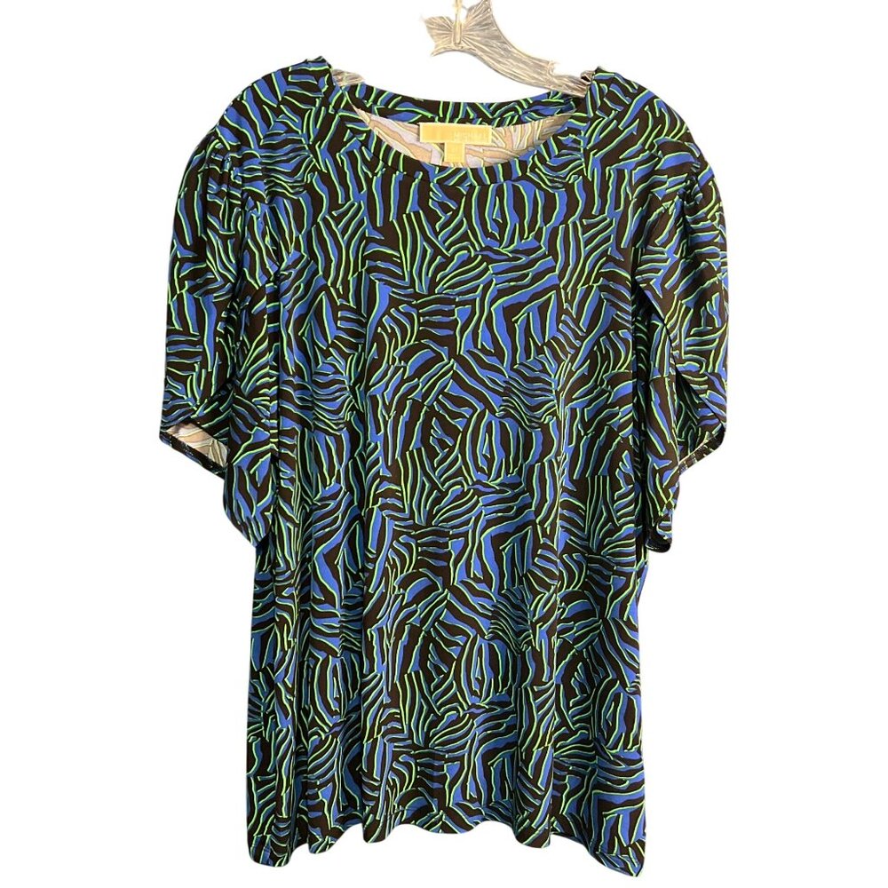 Michael Kors Womens 2X Top Black Blue & Green Abstract Print Short Sleeve